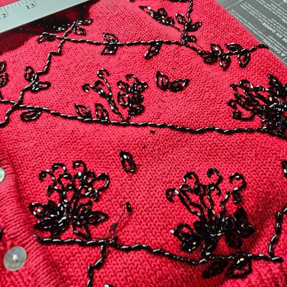 Vintage Tiara Cardigan Womens Large 90s Red Floral Beaded Holiday Party Glam - Picture 6 of 9